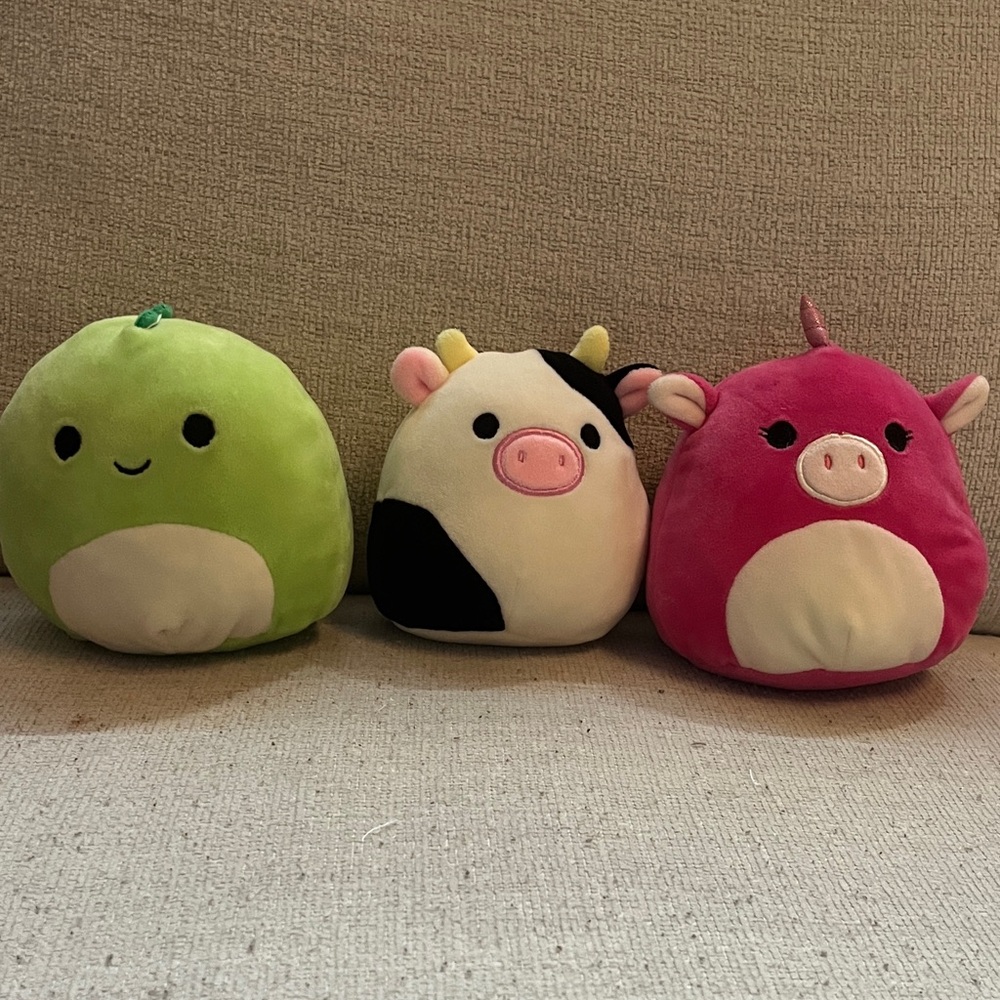 GOOD AS NEW Squishmallows Green Dino, Black and White Cow, Pink Unicorn Set